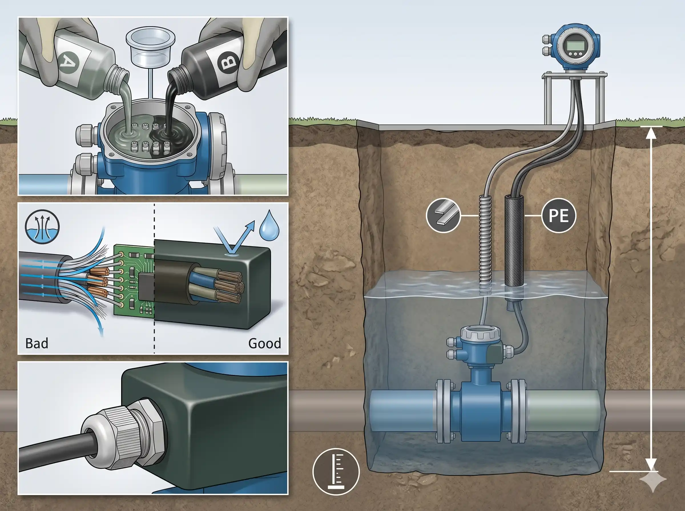 IP68-rated underground installation electromagnetic flowmeter