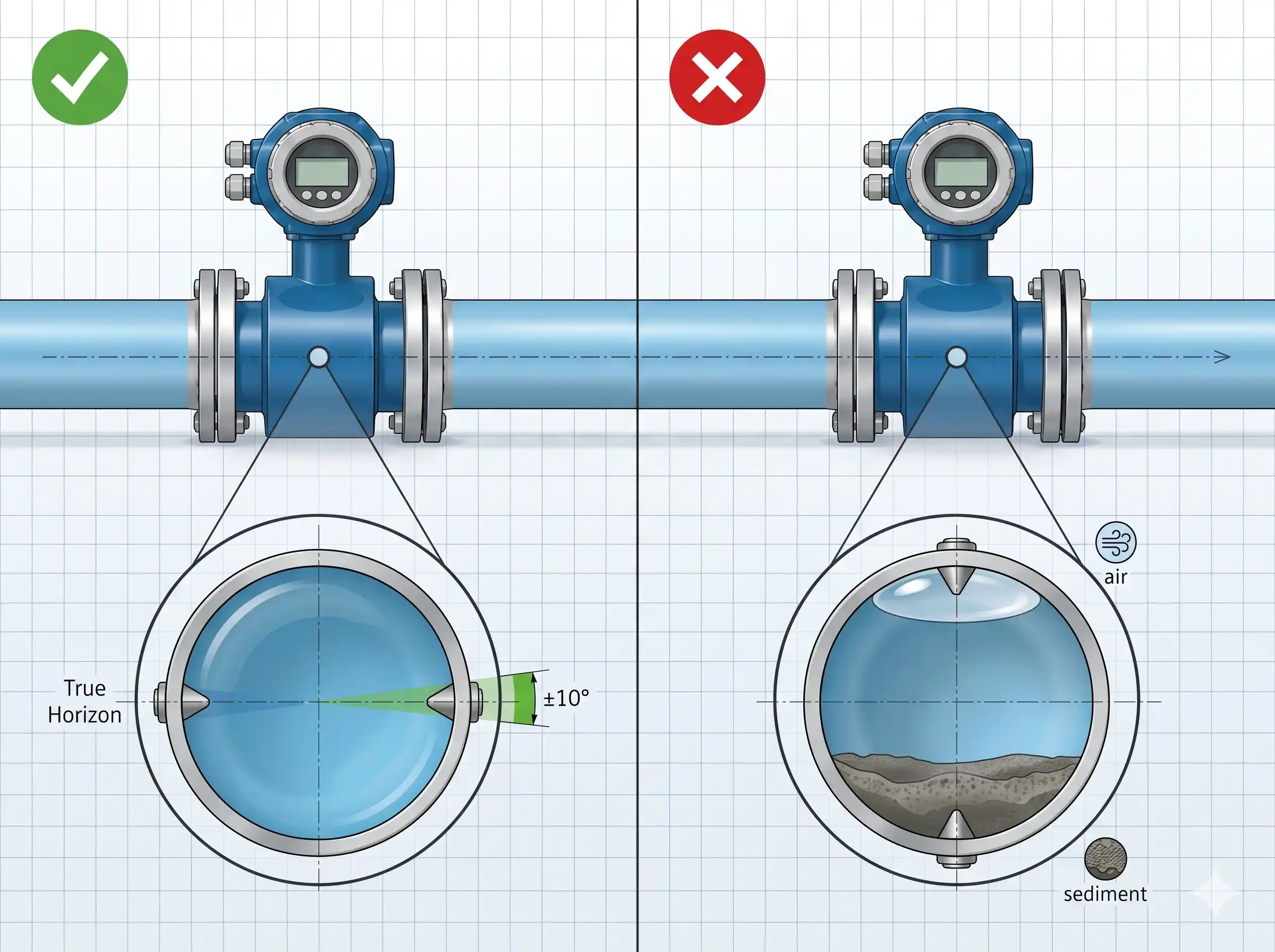The electrode axis must be strictly horizontal (at the 3 o'clock and 9 o'clock positions)