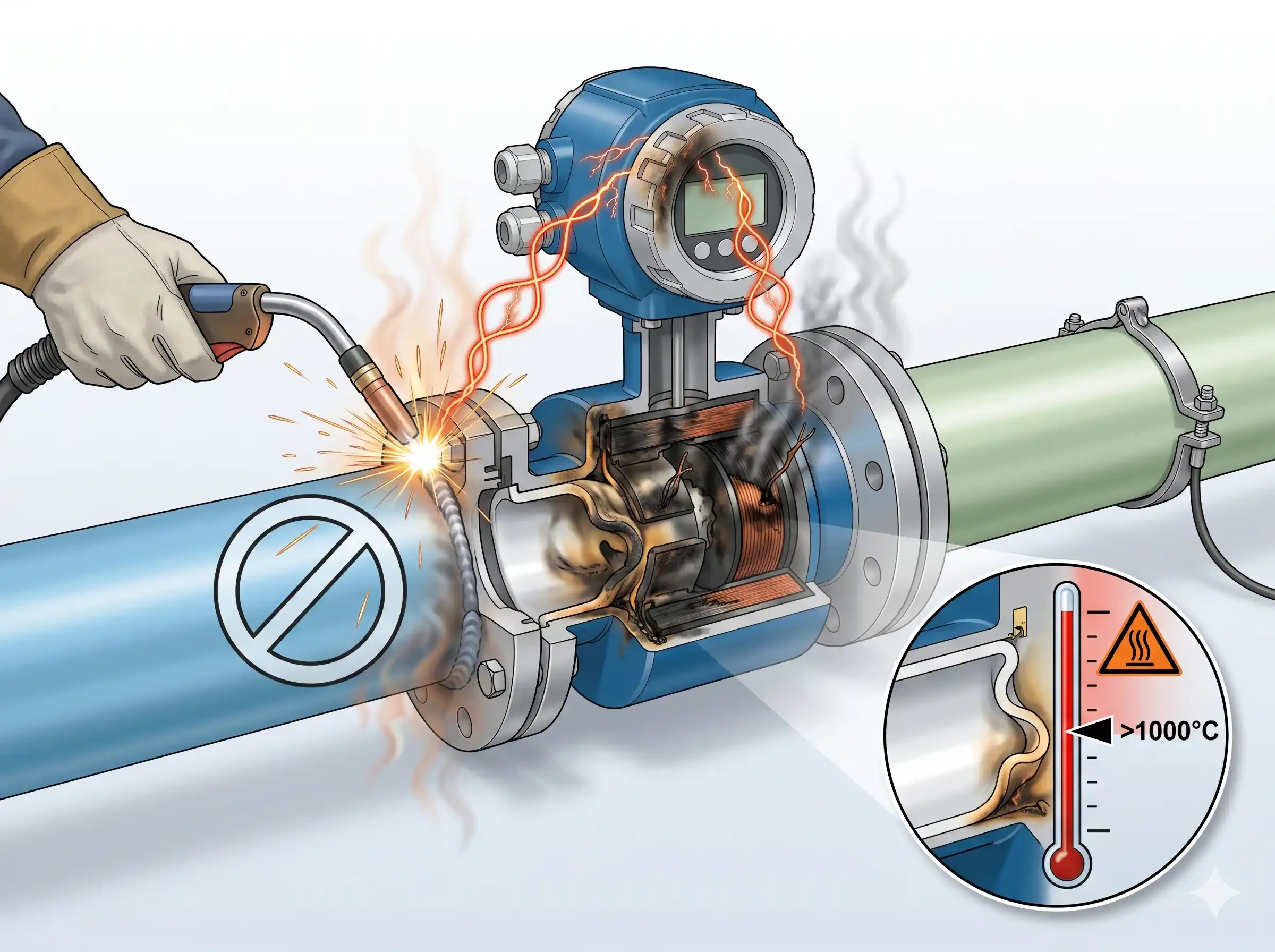 Welding is not allowed near the flow meter.